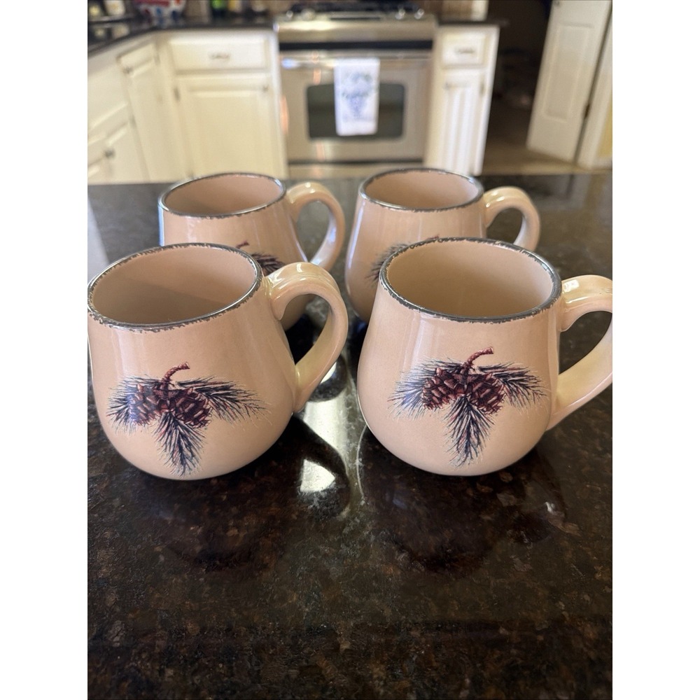 Home And Garden Party Stonewear Collection Set Of 4 Mugs Pine Cones Discontinue